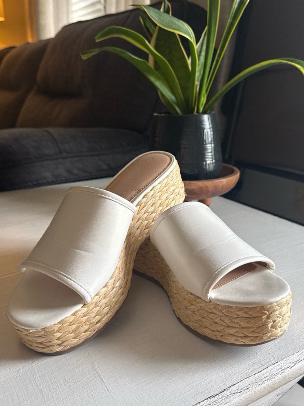 Time and Tru White Slide Platform Espadrille Wedges